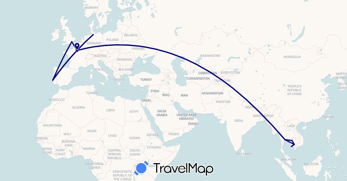 TravelMap itinerary: driving in Germany, France, United Kingdom, Cambodia, Portugal, Swaziland, Thailand (Africa, Asia, Europe)